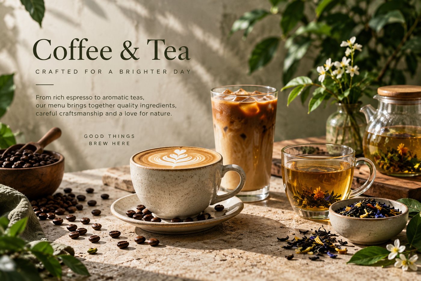 Coffee, iced coffee and botanical tea arranged with natural greenery